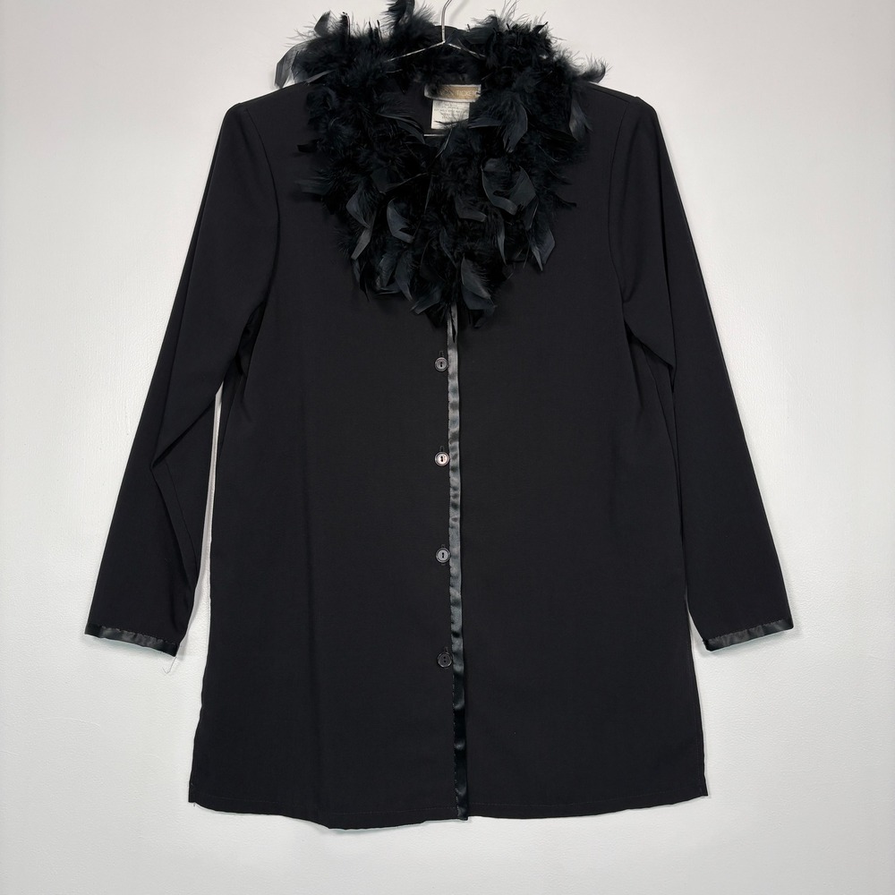 Season‎ Ticket Womens Button Front Top Size S Black Feather Collar Long Sleeve